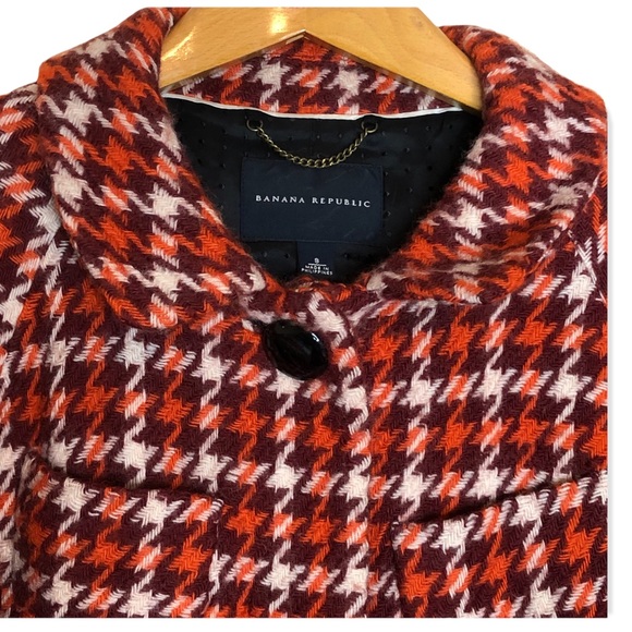 Banana Republic Pea Coat Houndstooth Plaid Rust/ Cream Retro Wool Coat- … - Picture 3 of 10